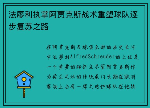 法廖利执掌阿贾克斯战术重塑球队逐步复苏之路