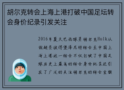 胡尔克转会上海上港打破中国足坛转会身价纪录引发关注