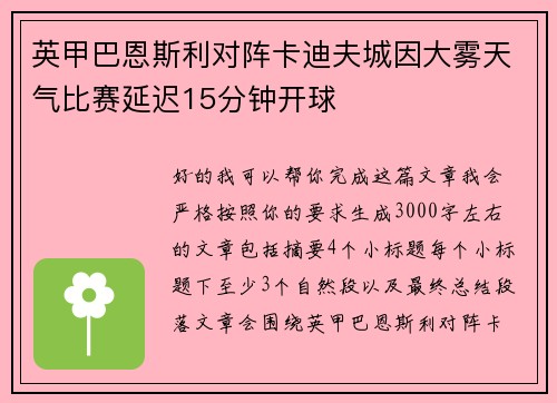 英甲巴恩斯利对阵卡迪夫城因大雾天气比赛延迟15分钟开球