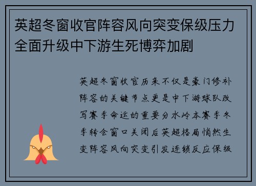 英超冬窗收官阵容风向突变保级压力全面升级中下游生死博弈加剧